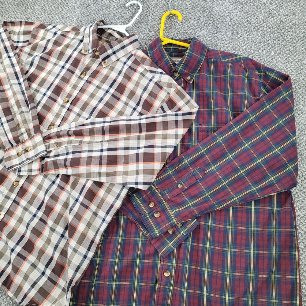 Lot 2 Schmidt Workwear Mens L Plaid Button Down Shirt Burgundy Brown Long Sleeve